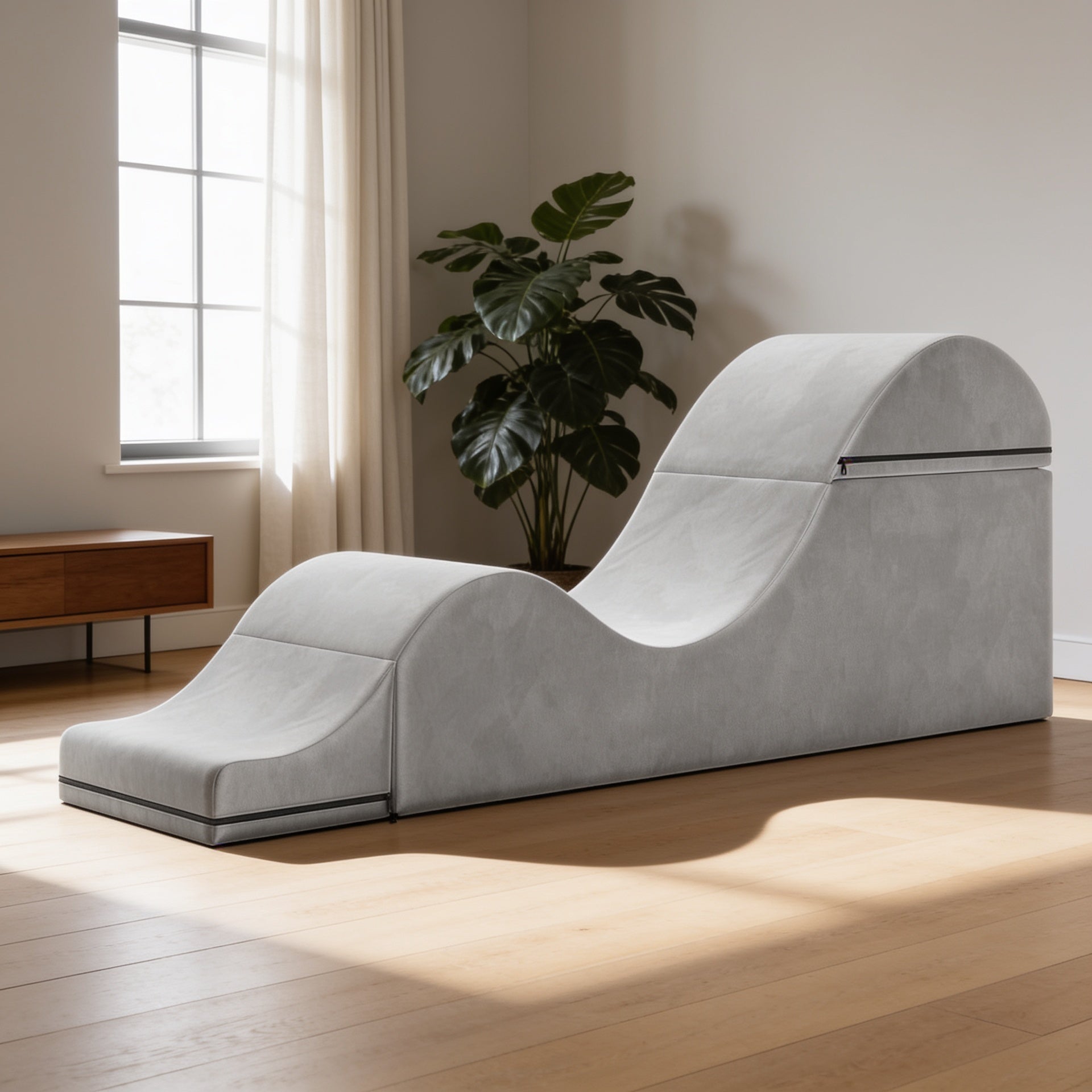 Aria convertible chaise in platinum velvet, styled living room