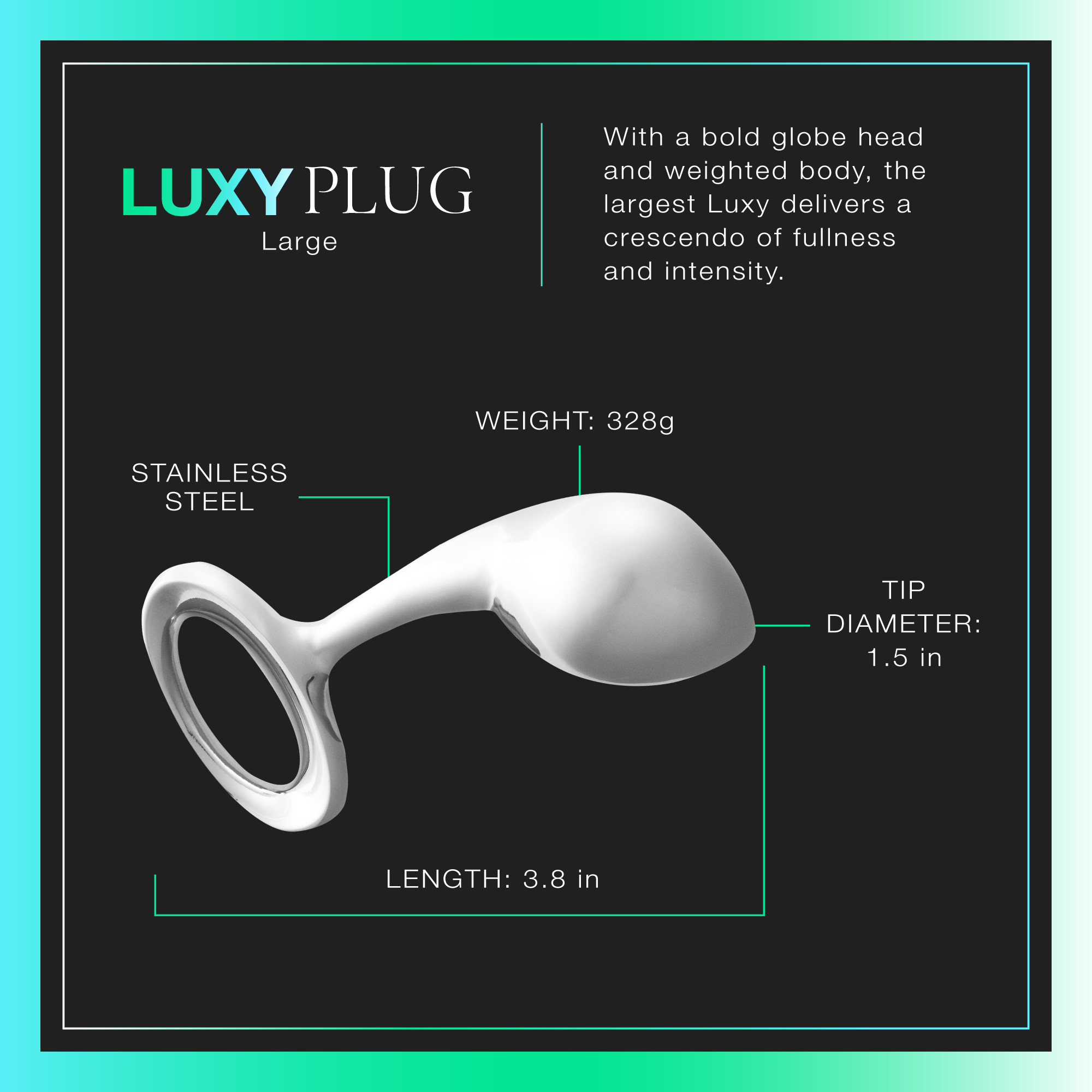 A product infographic for the Luxy Plug Large stainless steel anal plug, showing a 3D render of the product with labeled dimensions