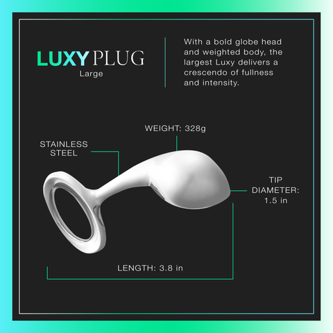 A product infographic for the Luxy Plug Large stainless steel anal plug, showing a 3D render of the product with labeled dimensions
