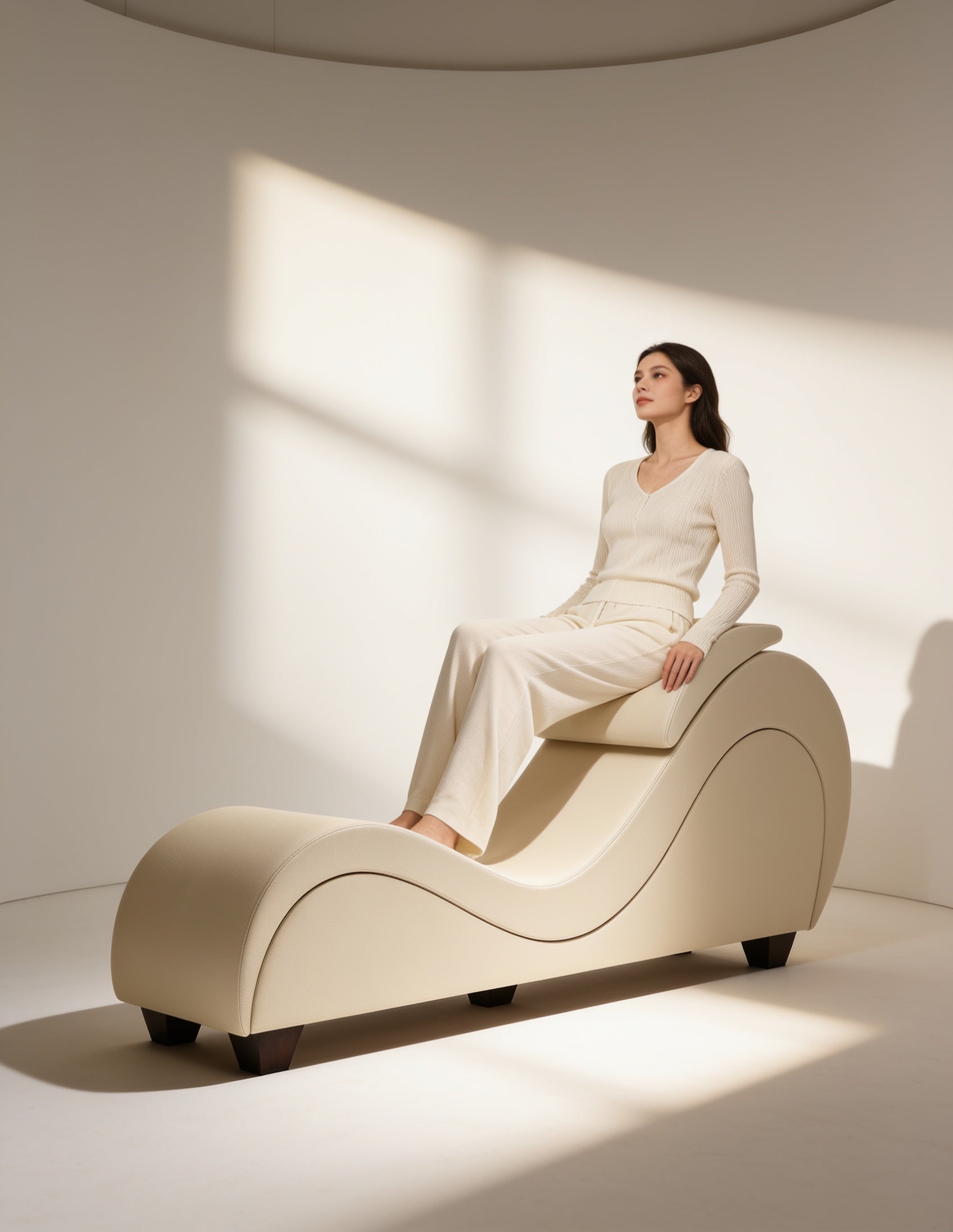 Woman in cream loungewear seated on the Liberator Esse chaise