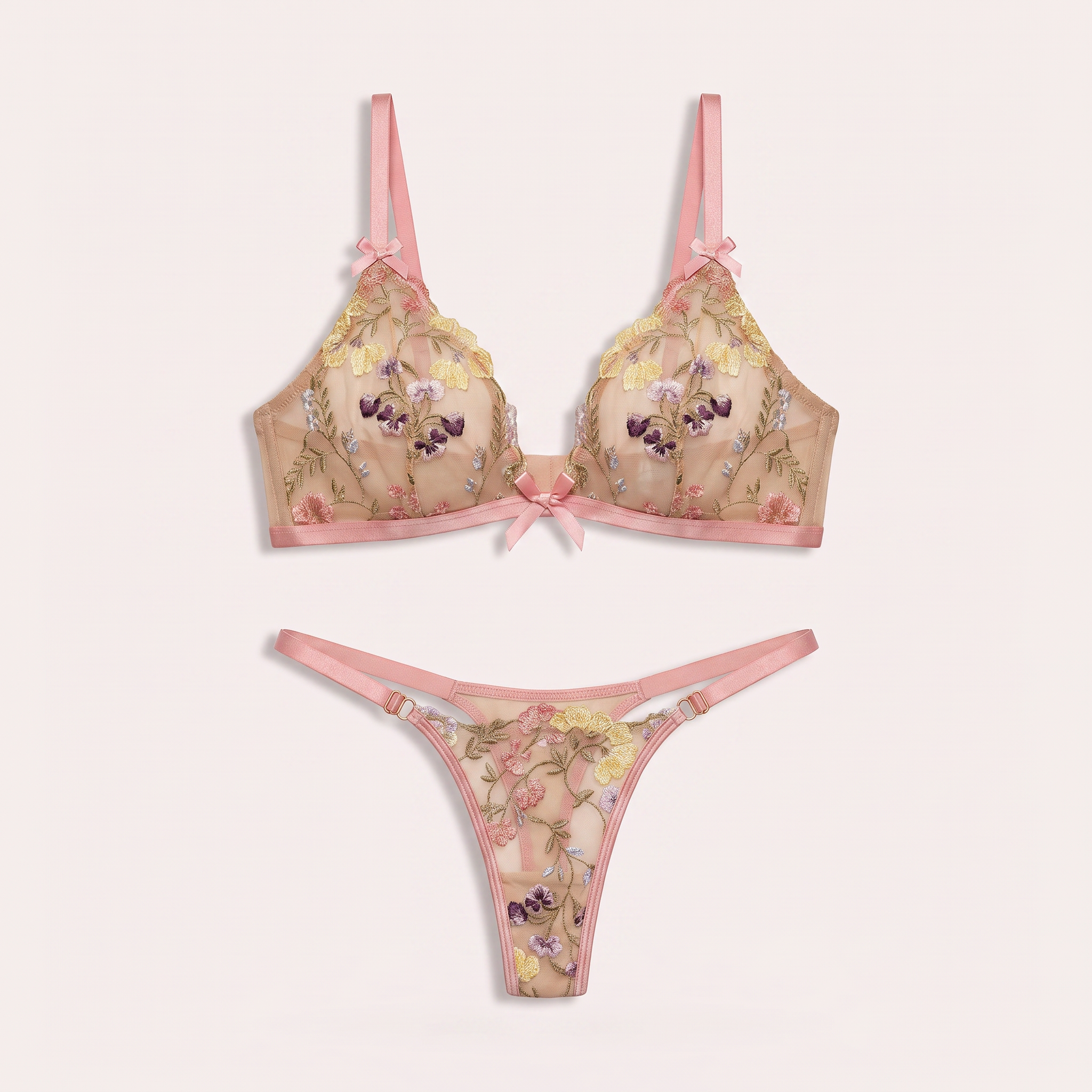 Eden two-piece lingerie set — floral embroidered bra and thong, product flat-lay