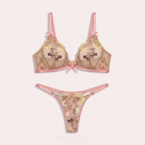 Eden two-piece lingerie set — floral embroidered bra and thong, product flat-lay