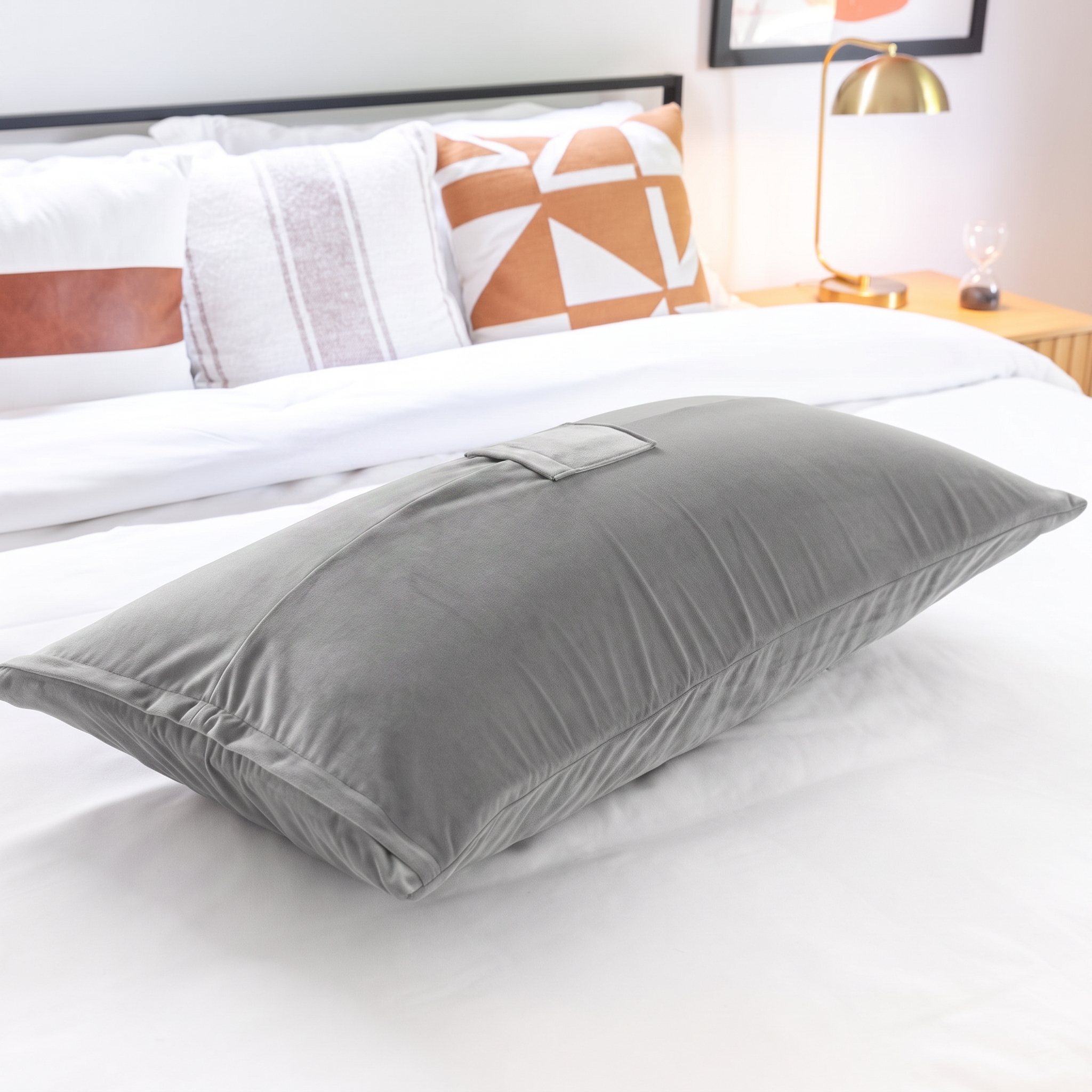 Humphrey toy-mount pillow styled on a bed in a bedroom