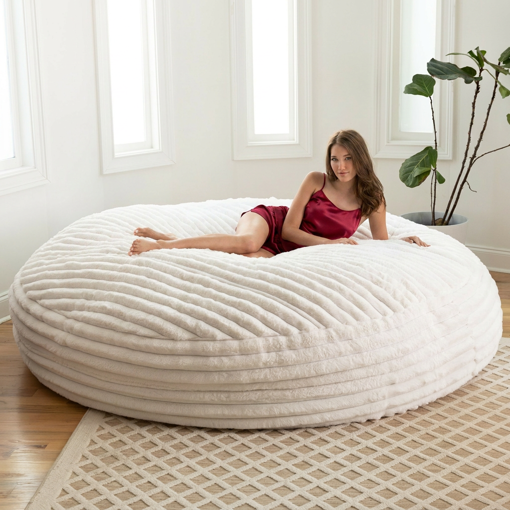 Woman in ruby satin sleepwear on the white Zeppelin pleasure pod