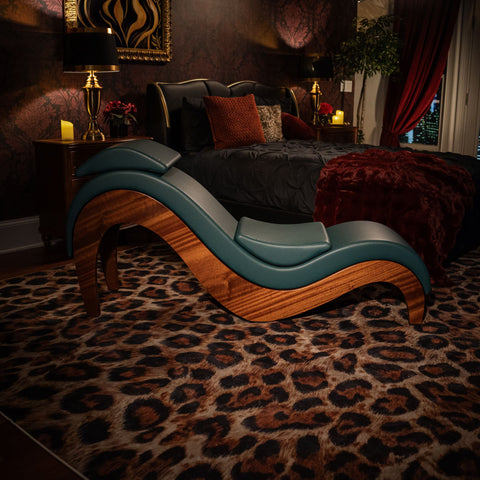 Supervio chaise in solid sapele with Synleather Seaweed in a bedroom setting