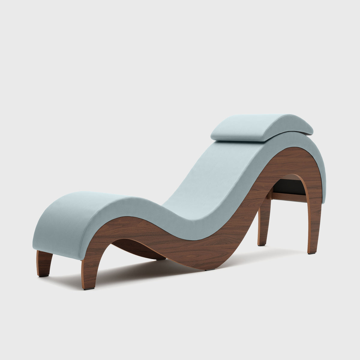 Supervio chaise in Synleather Sterling Blue with walnut frame