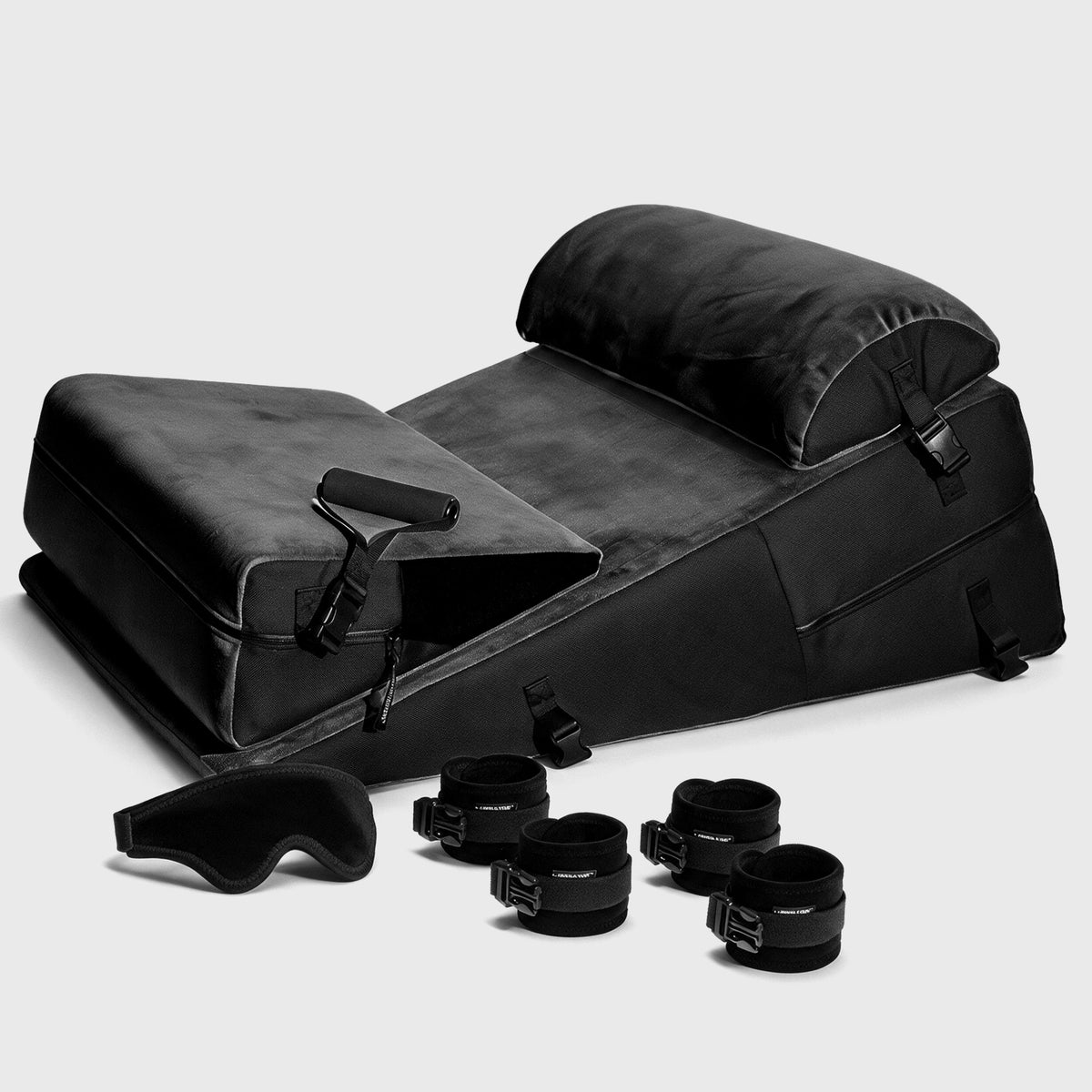 Wedge Ramp Suite Black Label in Lush Microvelvet Black with Head Peace pillow, grip handles and plush cuffs on a white background