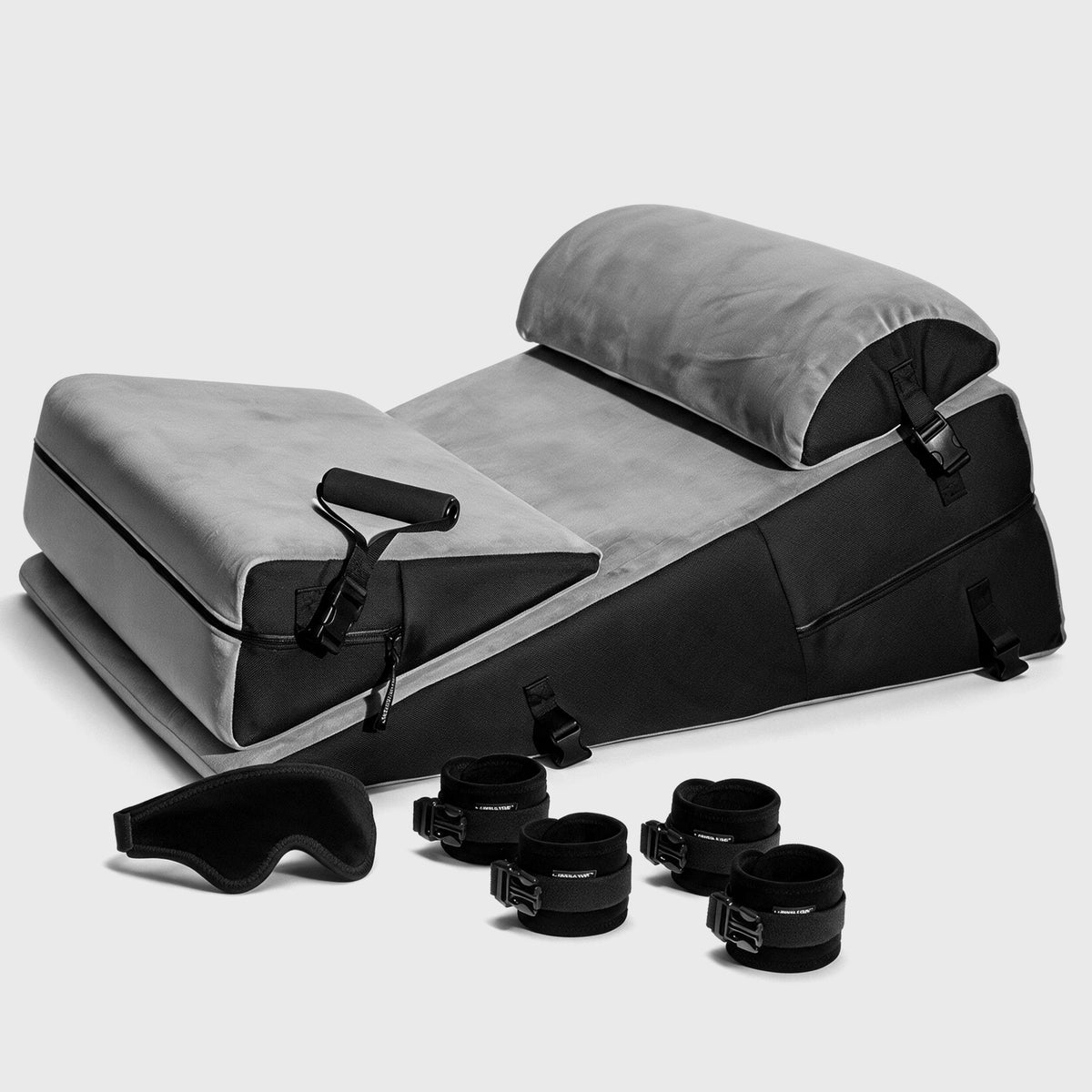 Wedge Ramp Suite Black Label in Lush Microvelvet Gray with Head Peace pillow, grip handles and plush cuffs on a white background